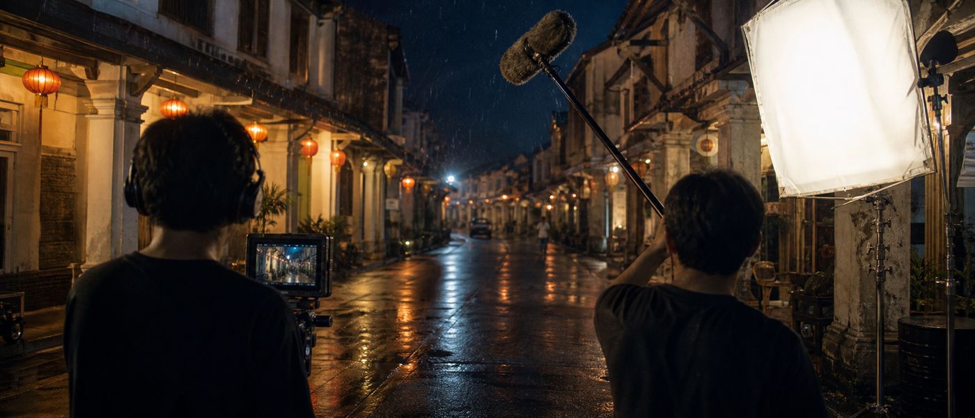 雨夜的老店屋街拍摄现场，灯光与收音杆